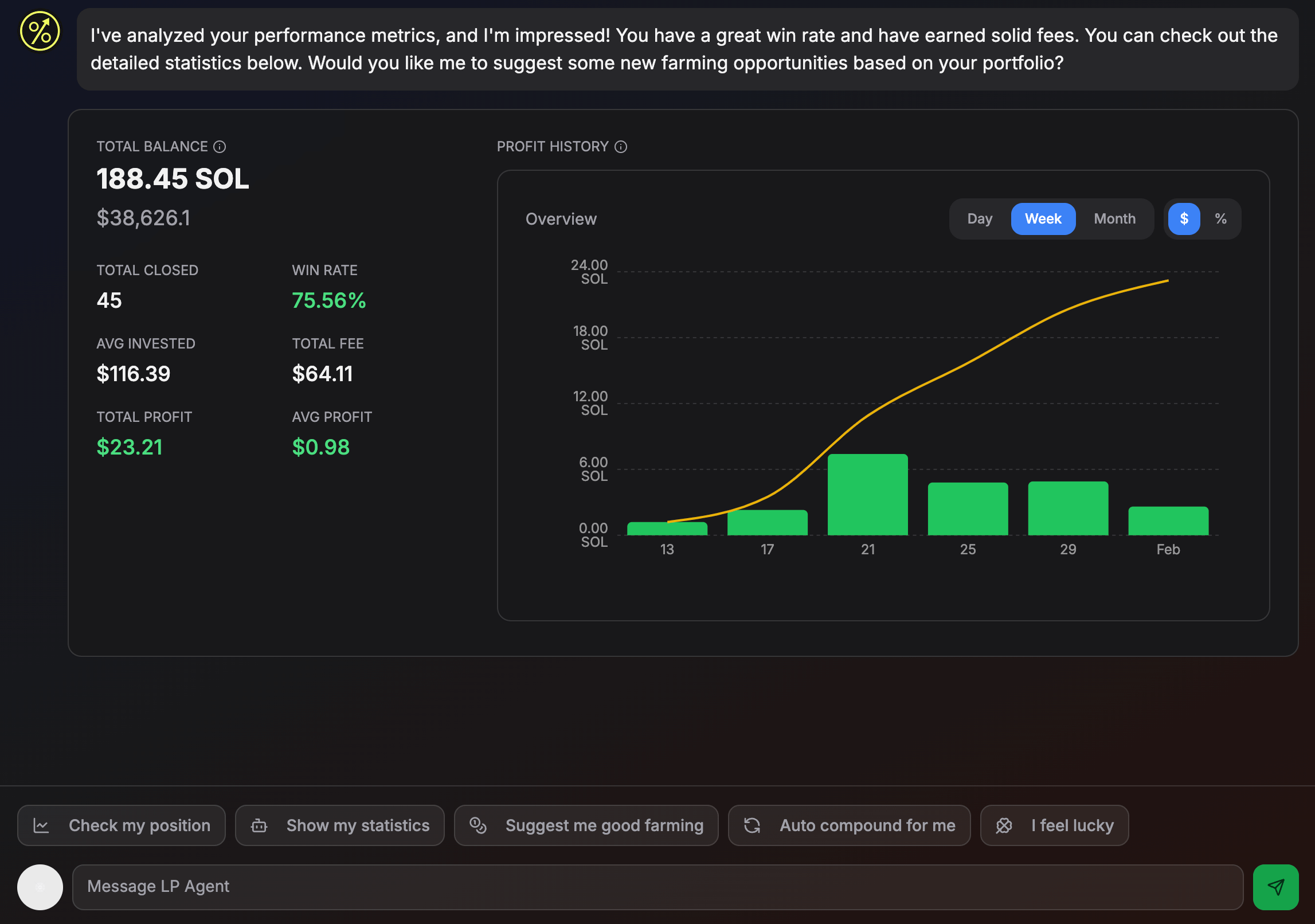 AI chat interface for monitoring and controlling liquidity positions