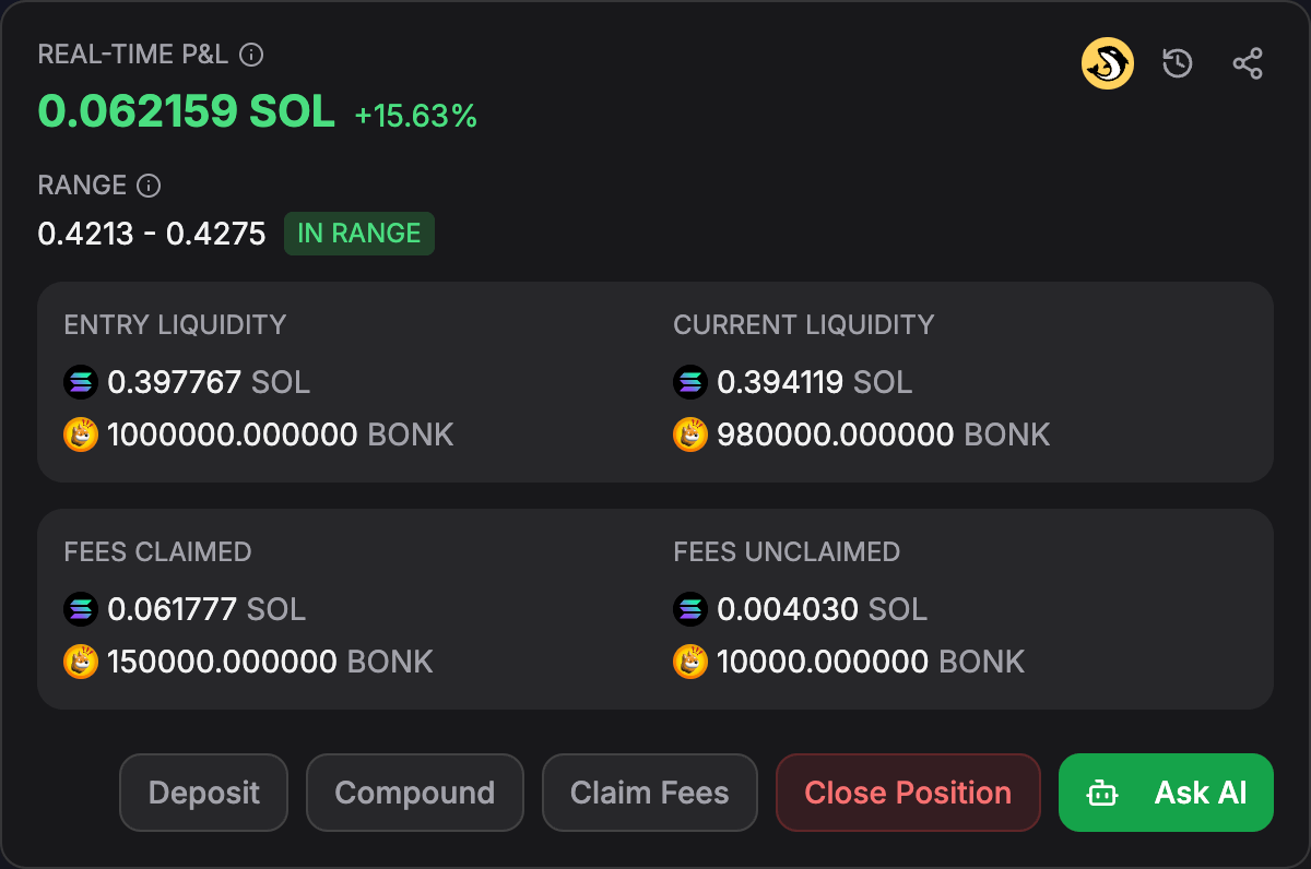 Automated position management dashboard showing active liquidity positions