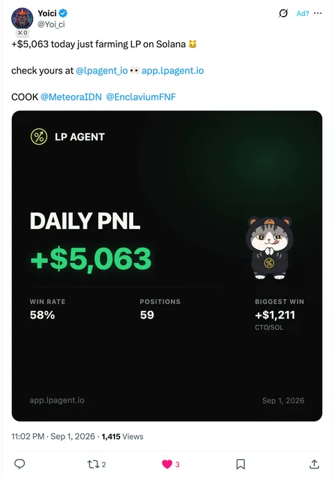 Post on X: an LP Agent user shares a daily PnL card of +$5,063 from farming LP on Solana