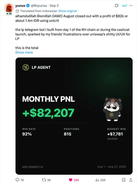 Post on X: an LP Agent user shares a monthly PnL card of +$82,207 for August, 92% win rate over 815 positions