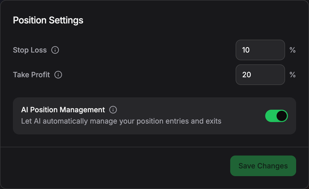 LP Agent settings interface for customizing trading parameters